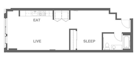 Floor plan for 1 bed, 1 bath, 682 sqft